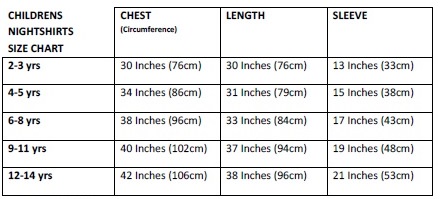 Childrens NIGHTSHIRTS Size Chart