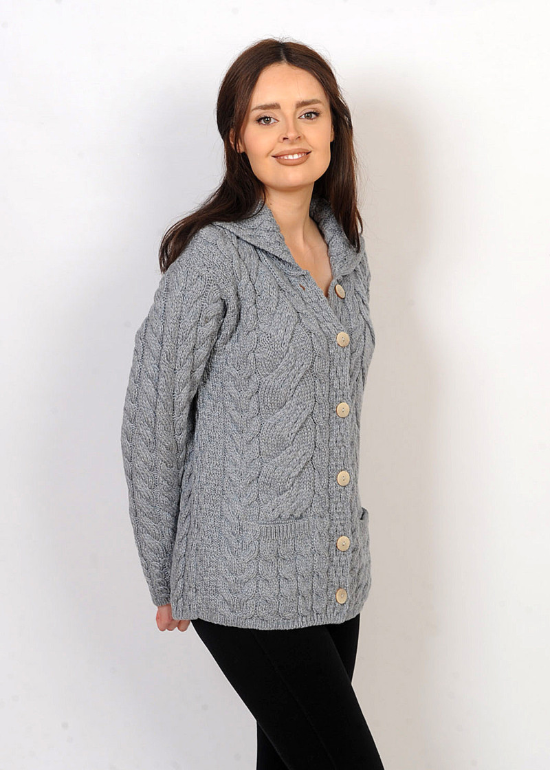 Falcarragh Aran Ladies Cardigan Duck Egg Blue